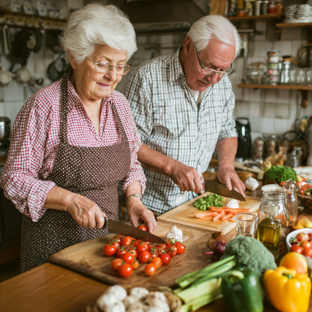 Older adults preparing nutritious meals together in kitchen